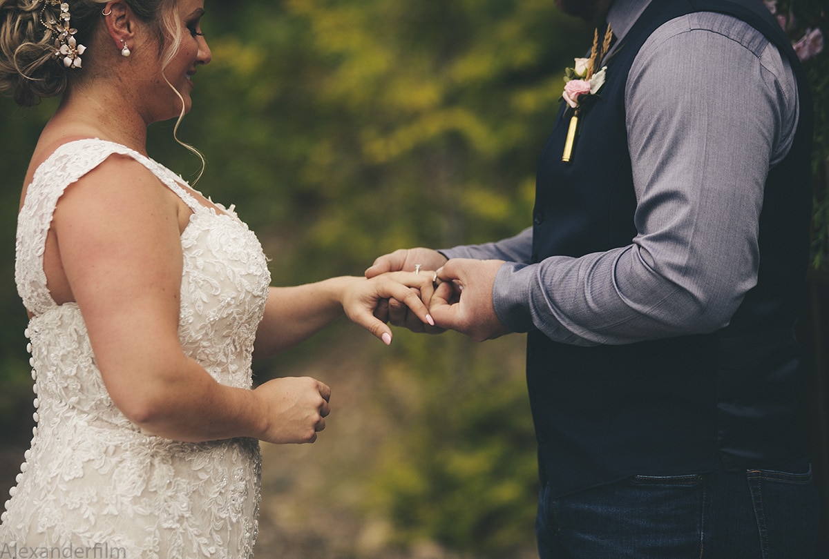 a man putting a ring on a brides finger