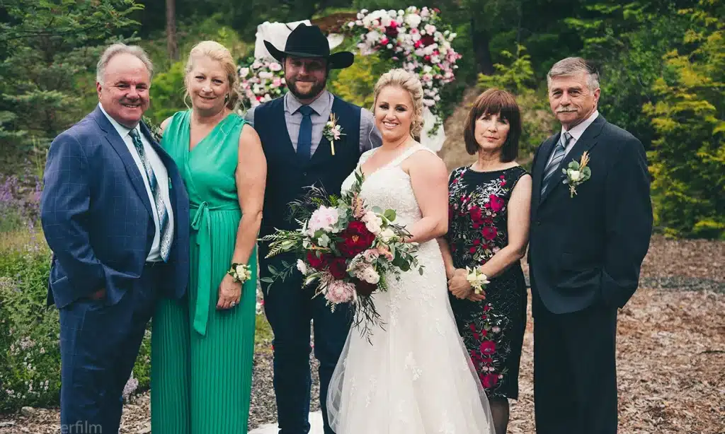 bride and groom with both sets of parents